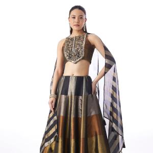 Black Colourblocked Lehenga With Sequins And Bead Work Choli