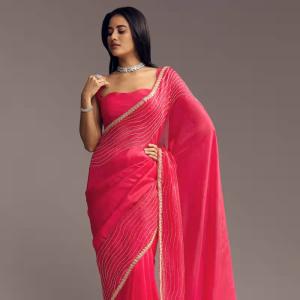 Hot Pink Organza Saree With Stone And Cut Dana Work