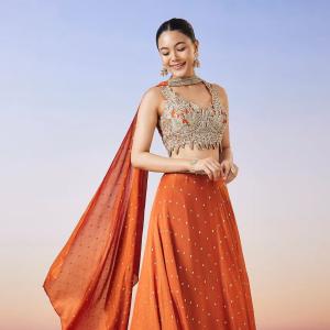 Orange Scattered Butti Embroidered Lehenga With Dupatta