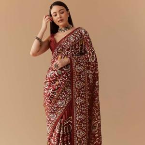 Maroon Tissue Organza Resham Work Saree with Unstitched Blouse